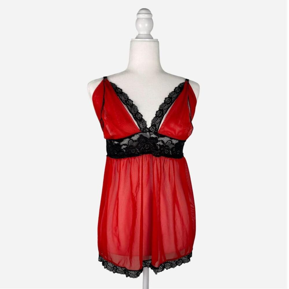 Red black lace trim mini slip nighty teddy lingerie sheer mini dress - size XL